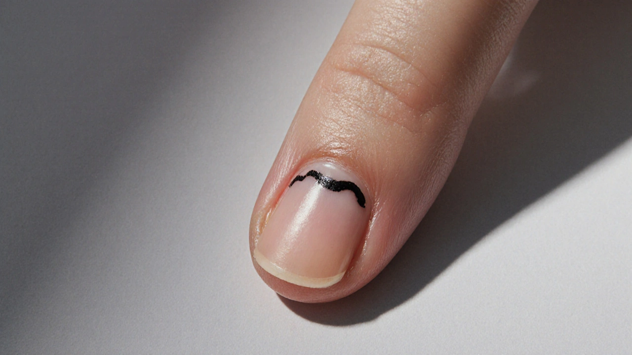 Tmavá nepravidelná čára pod nehtem, možný příznak melanomu.