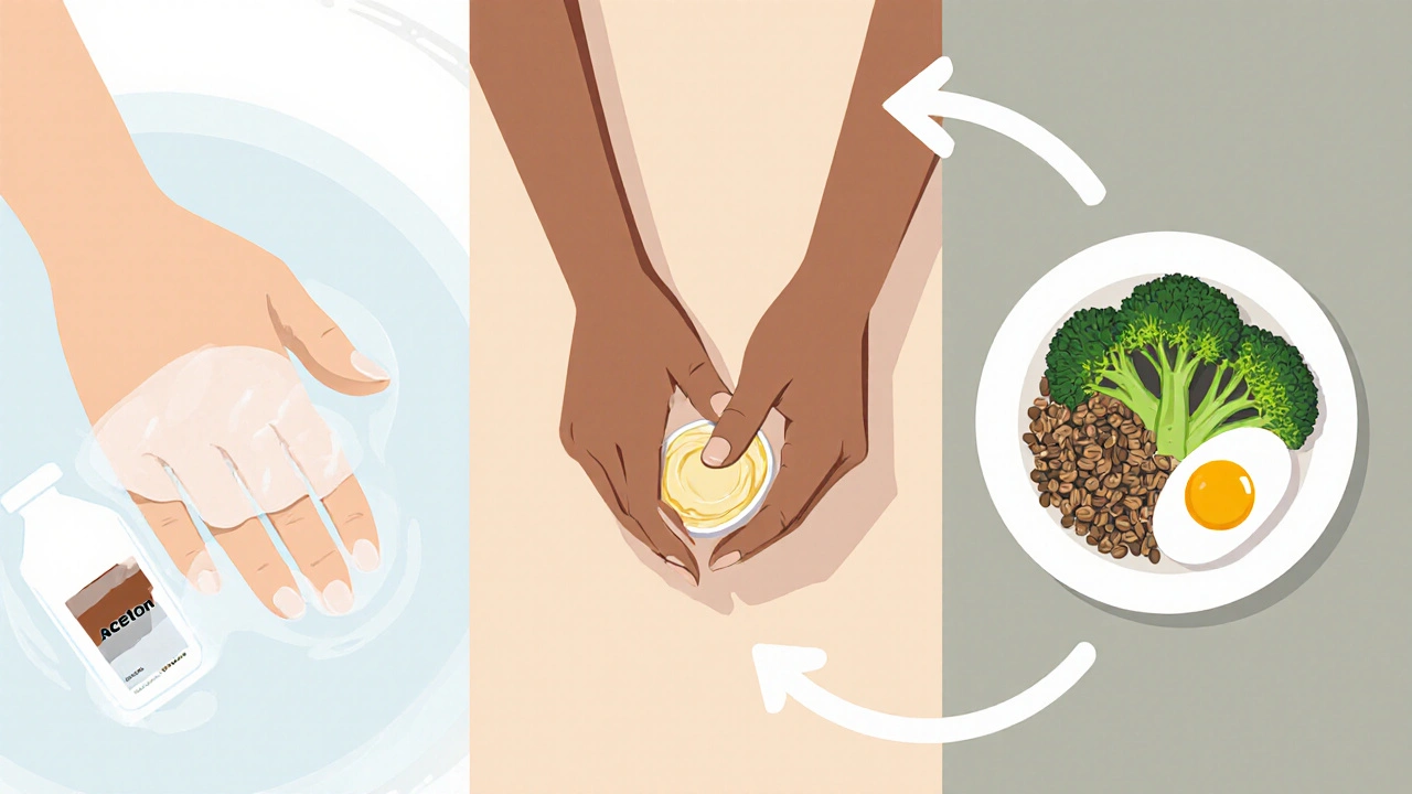 Tři kroky péče o nehty: mytí rukou, aplikace krému a zdravá strava — v minimalistickém stylu bez textu.