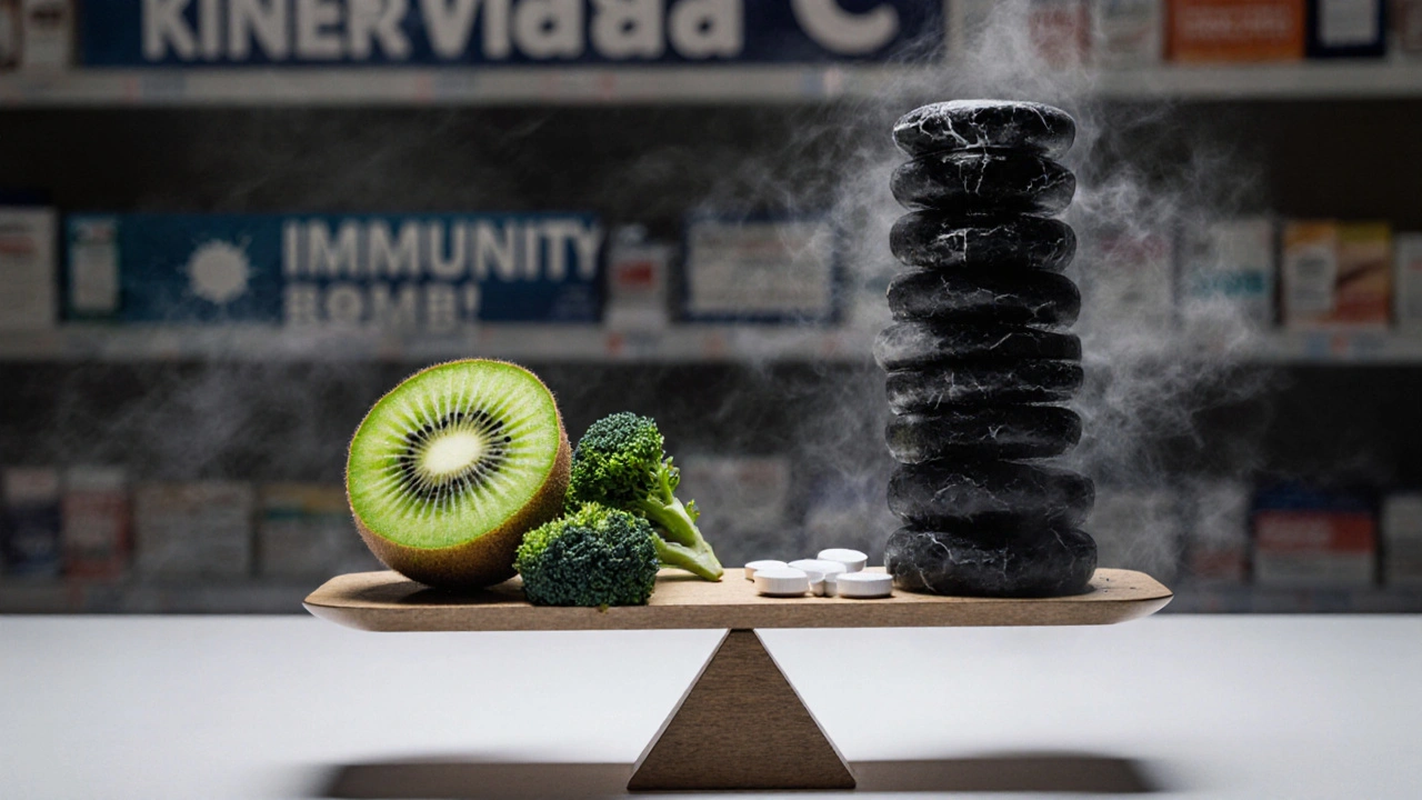 Váha s přírodními zdroji vitamínu C naproti hromadě tabletek.