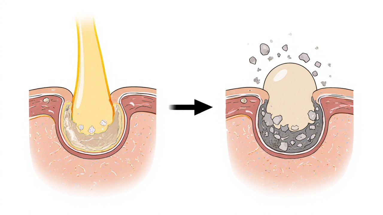 Vnitřní stavba ucpaného vlasového folikulu s sebem a mrtvými buňkami.