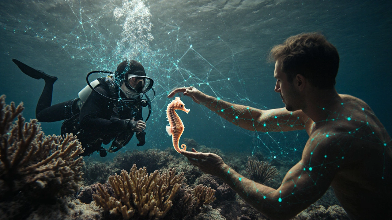 Vynořující se mořský koník zpět do korálového útesu s propojením k lidskému tělu.