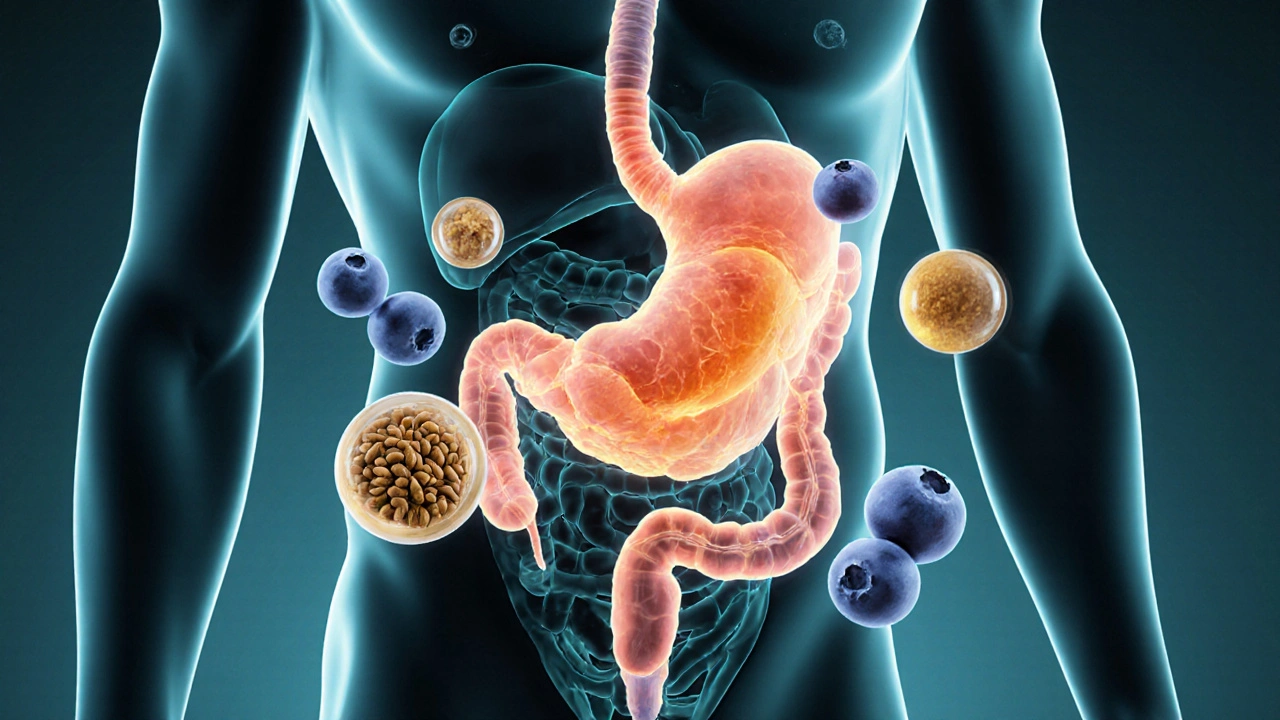 Zdravý žaludek obklopen přirozenými látkami, které ho uklidňují.