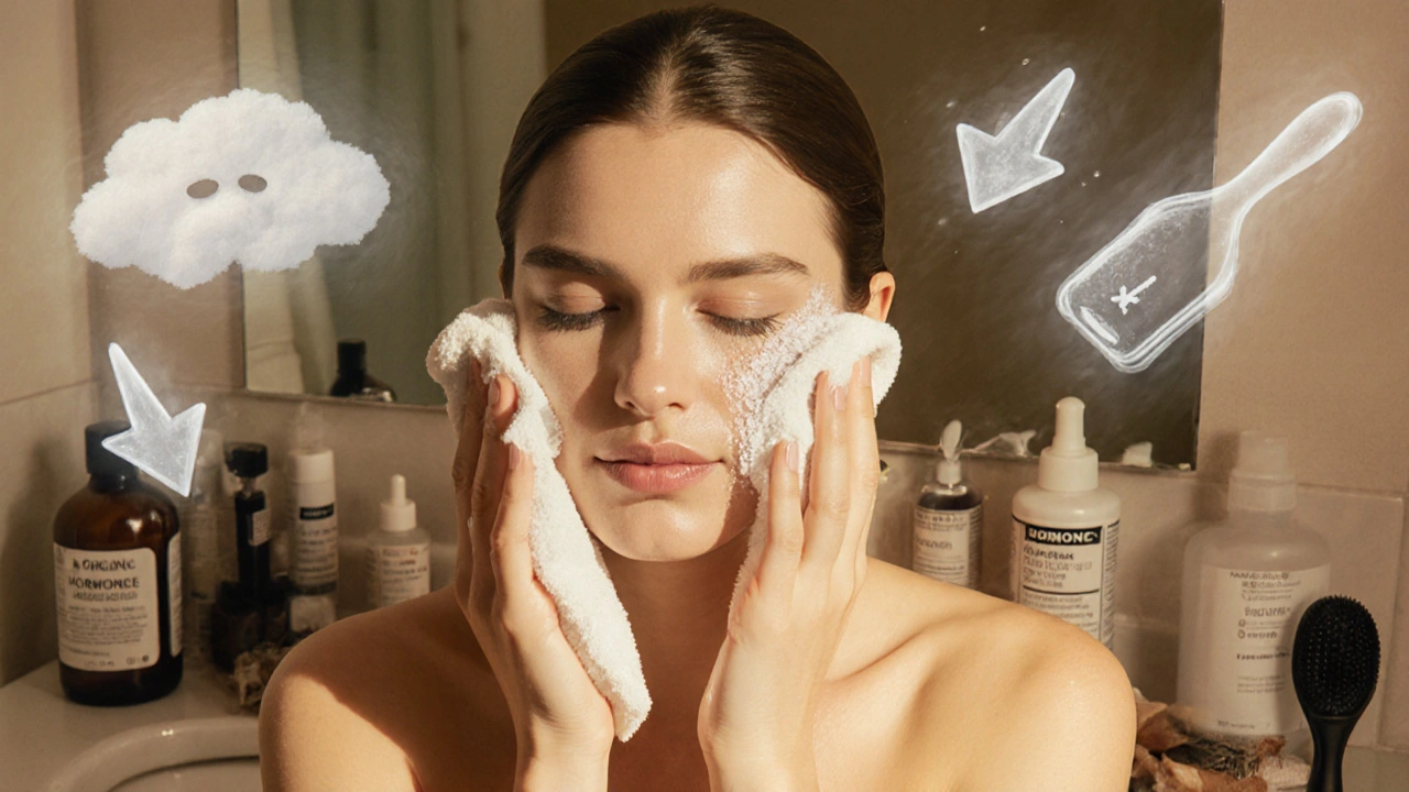 Žena čistí si tvář jemně, zatímco kolem ní plavou symboly příčin ucpaných pórů.