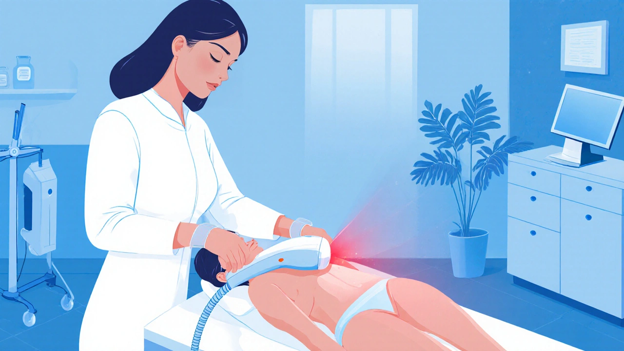 Žena dostává laserovou depilaci v klinice s odborníkem a modrým světlem.