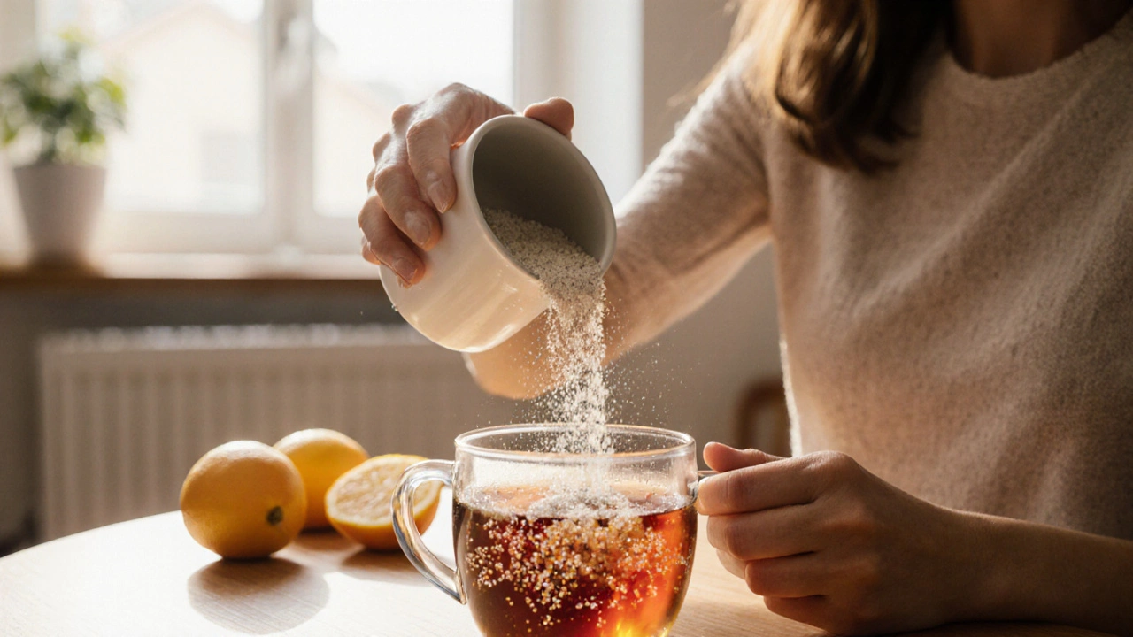 Žena přidává hydrolyzovaný kolagen do teplého nápoje s citrusy na pozadí.