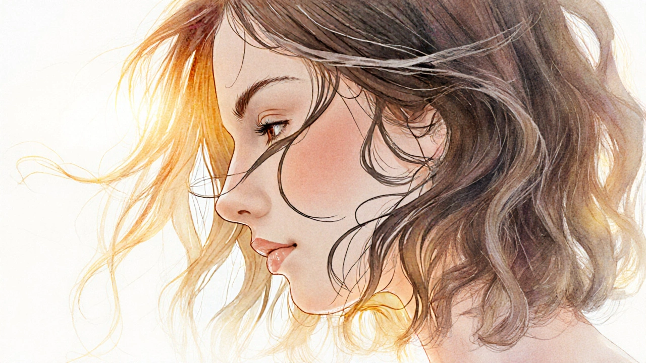 Žena s přirozeně vysušenými vlasy různých typů: přímé, vlnité a kudrnaté.