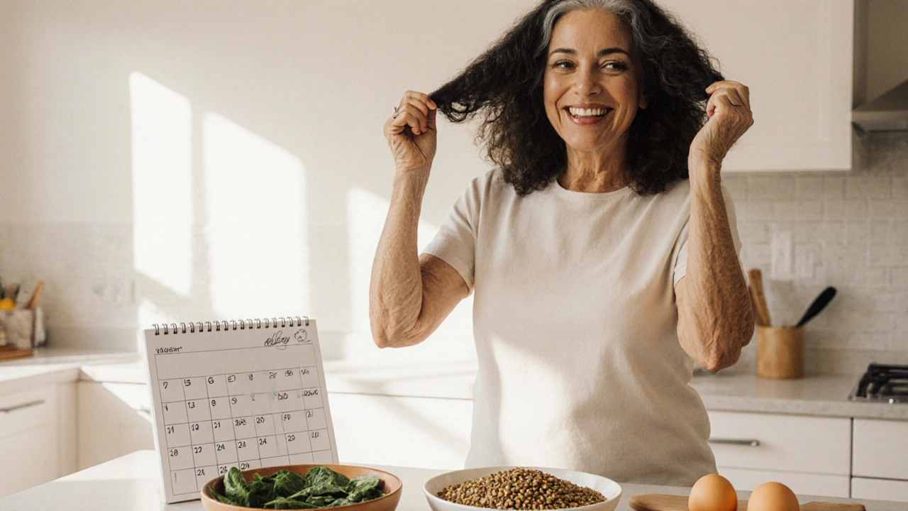 Žena v 50ti s hustými vlasy a zdravou stravou na kuchyňském stole.