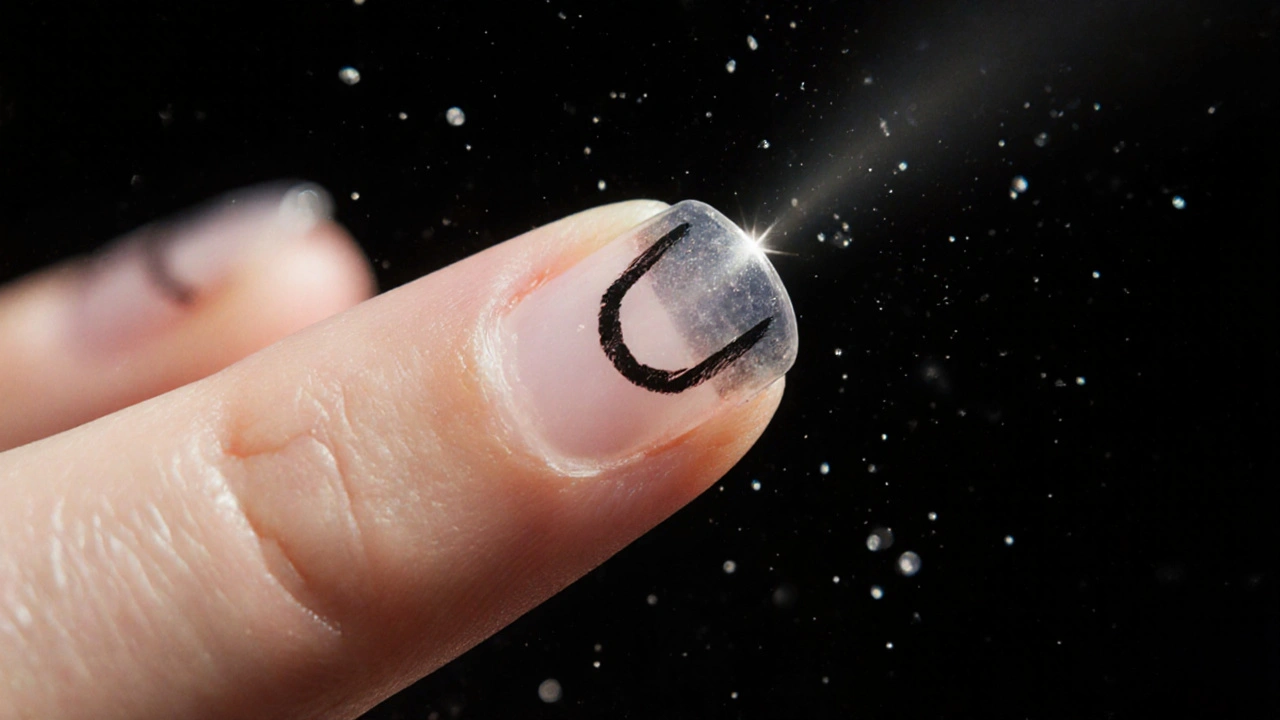 Zvětšený detail tenké U-čárky na průhledném nehtu s jemnými světelnými paprsky.