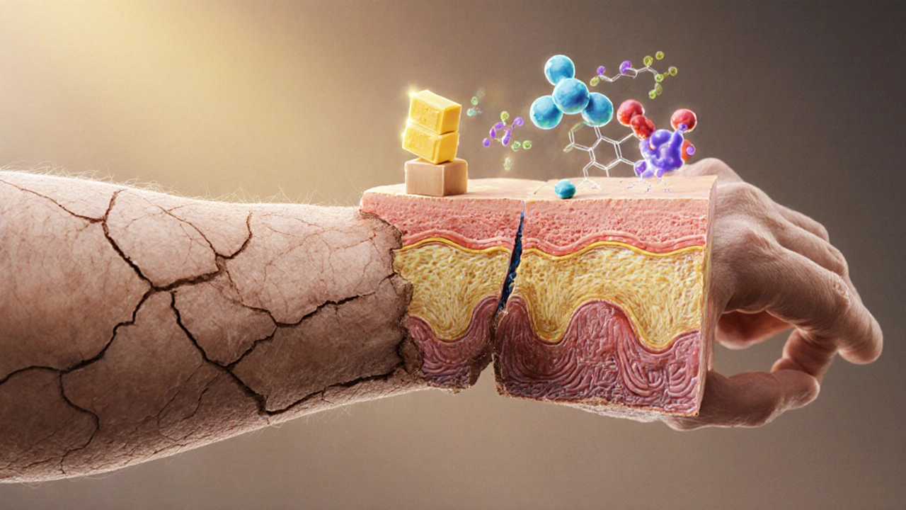 Zvětšený pohled na obnovu lipidové bariéry kůže pomocí ceramidů a glycerinu.