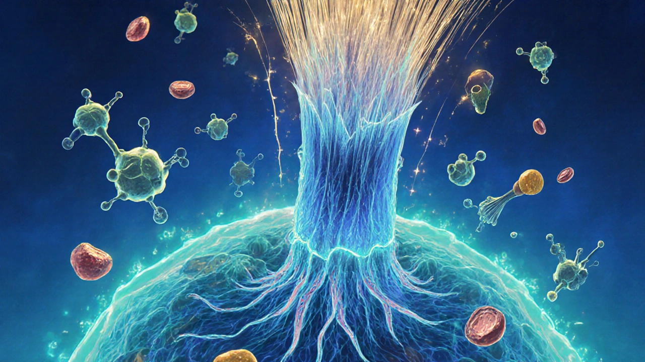 Zvětšený pohled na vlasový folikul s výživnými látkami v pokožce.