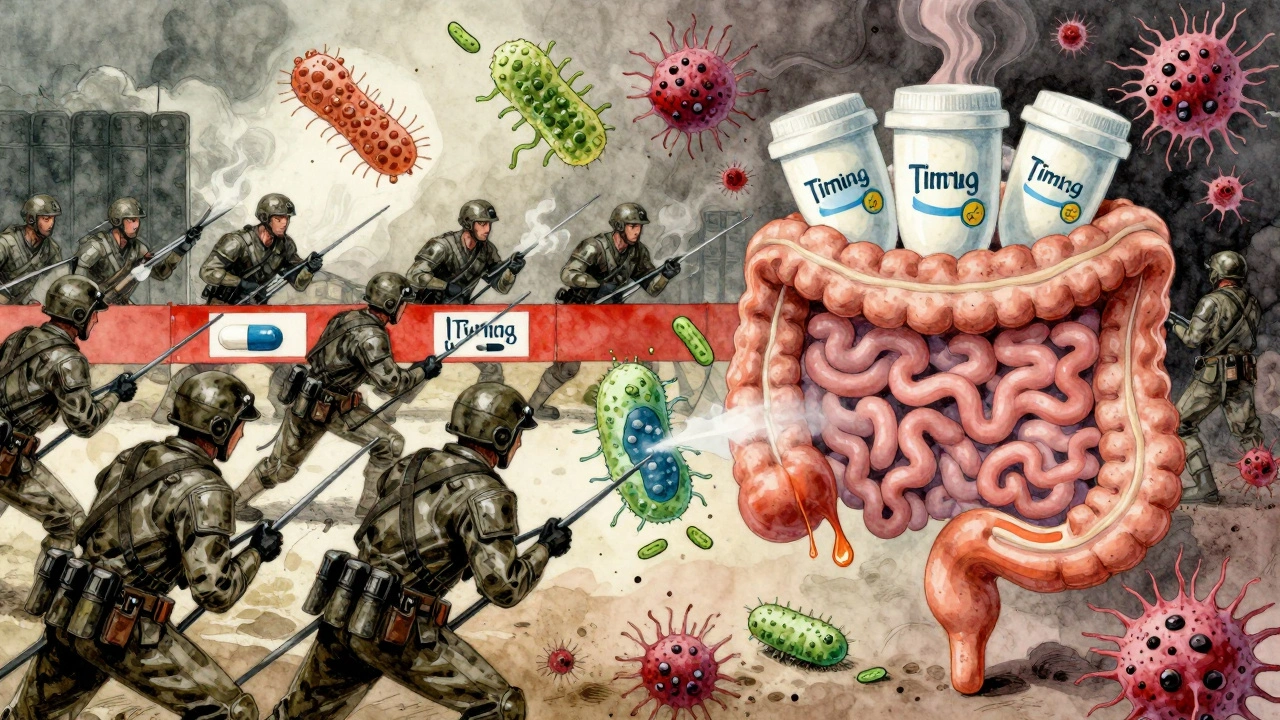 Bitva v střevech: antibiotika ničí bakterie, probiotika jsou zadržena časovou překážkou.