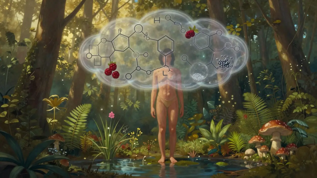 Člověk ve výhledu přírody, kde přírodní látky jsou přirozeně zpracovávány tělem bez umělých detox programů.