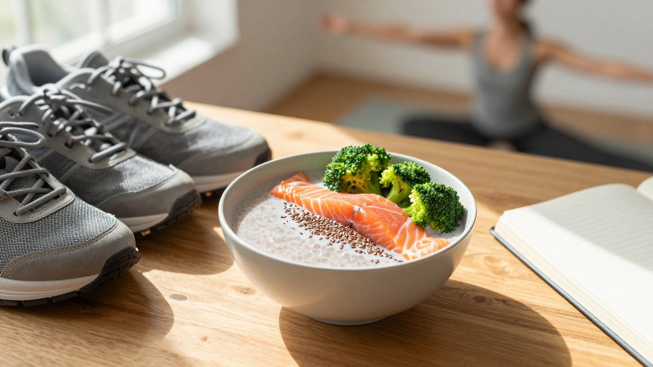 Denní dávka rybího kolagenu v smoothie spolu se zdravými potravinami.