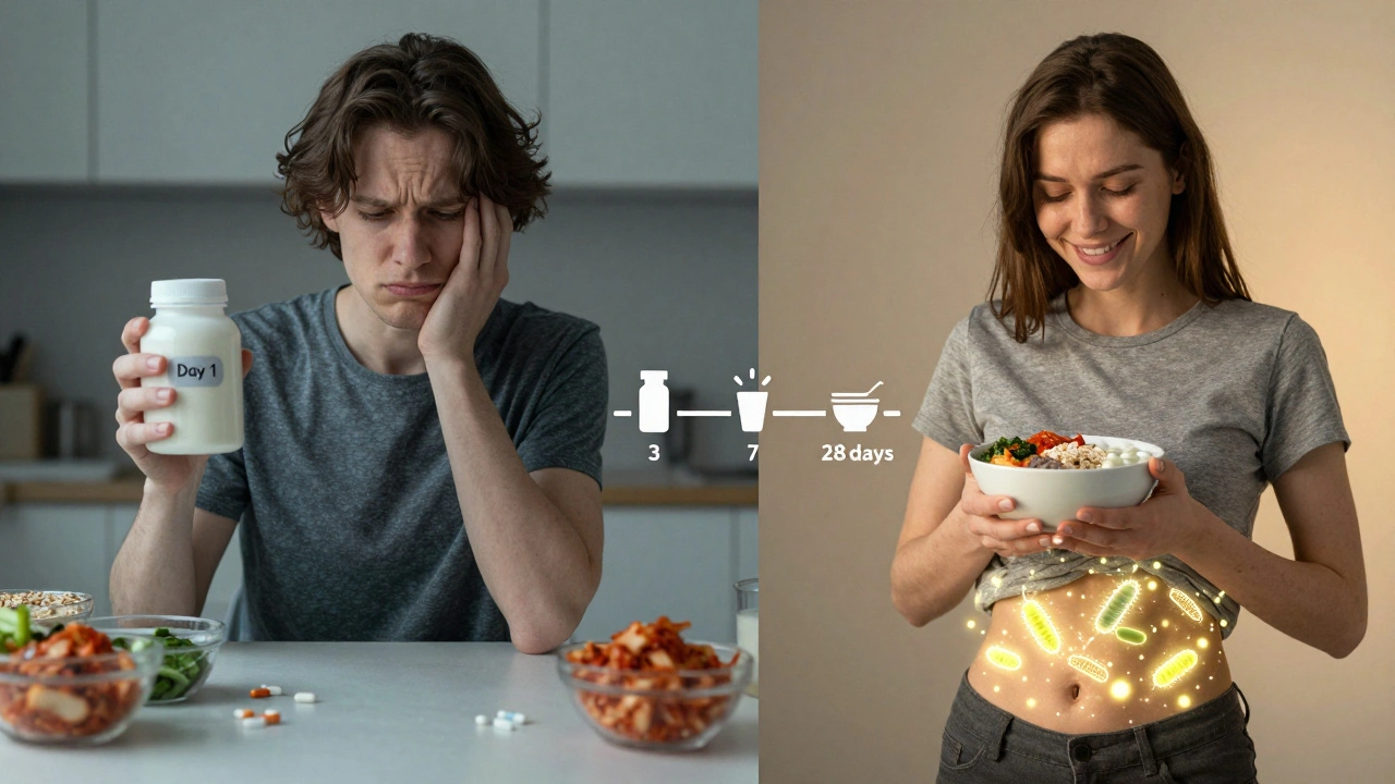 Dva pohledy na osobu: jedna frustrovaná s prázdnou láhev, druhá spokojená s kvasenými potravinami a zdravým střevem.