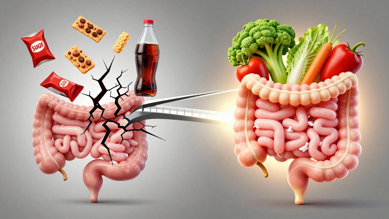 Dvě strany: poškozené střevo s nezdravou stravou a obnovované střevo s přirozenými potravinami.