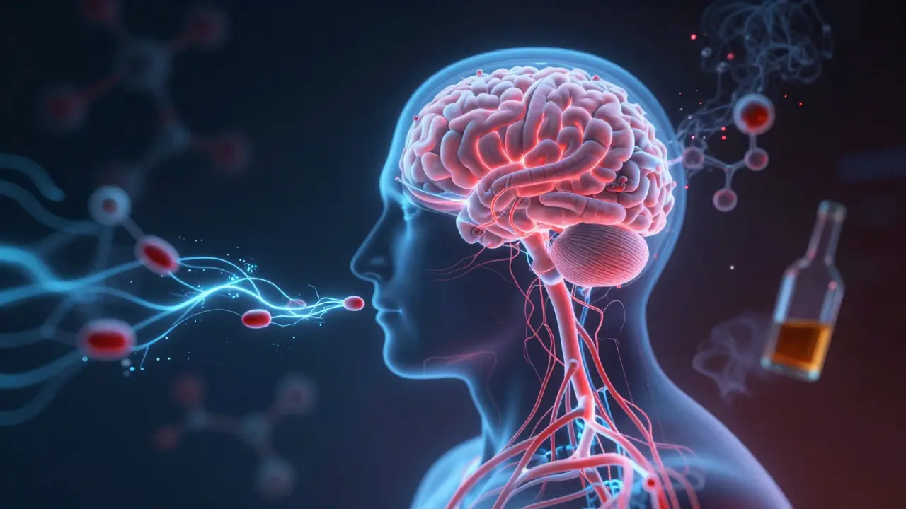 Glowing nervový systém s přebytkem glutamátu v mozku, alkoholové molekuly se rozptylují.