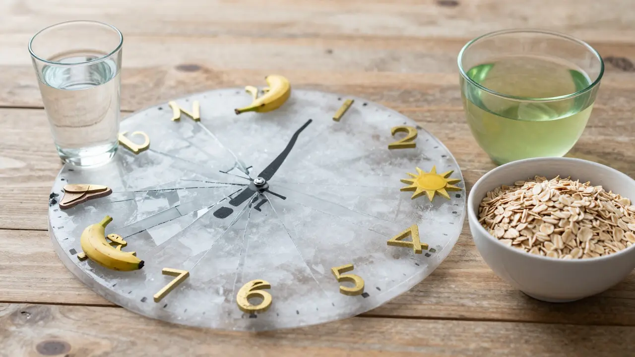 Hodiny z ledu s symboly detoxikace, taje v klidné kuchyni s jídlem pro obnovu.