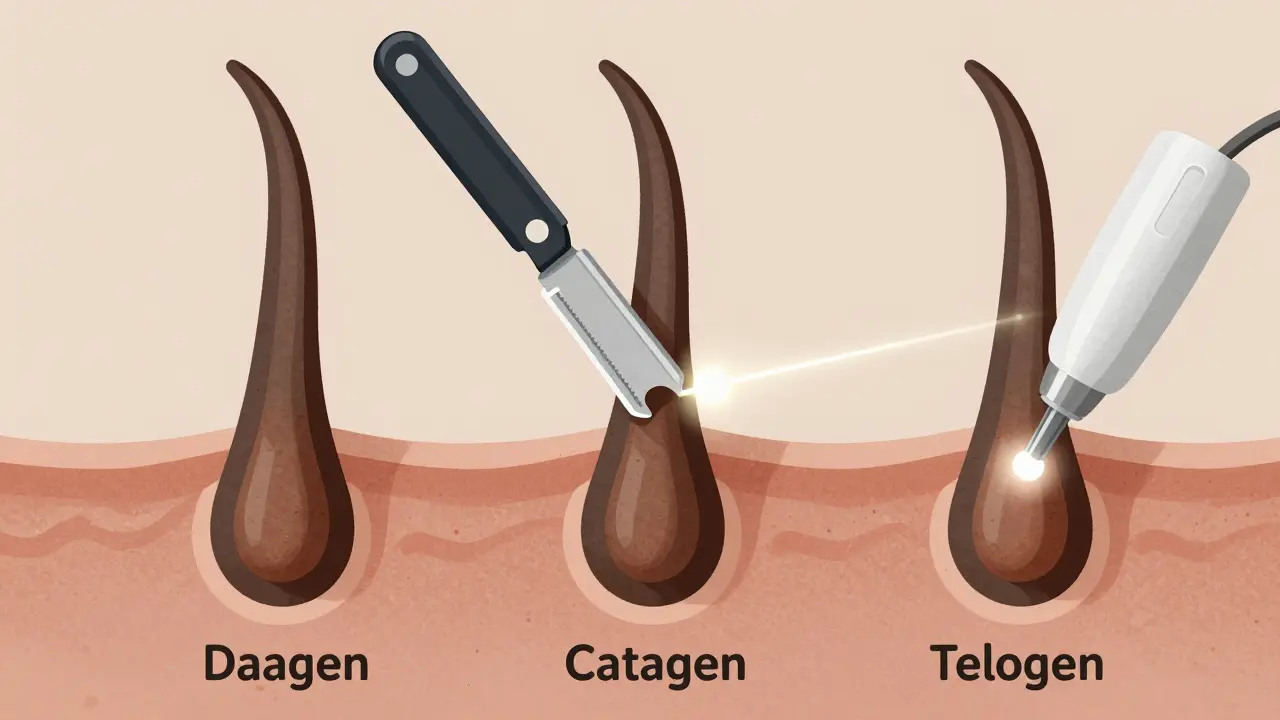 Ilustrace cyklu růstu chloupku s porovnáním holení a laserové depilace.