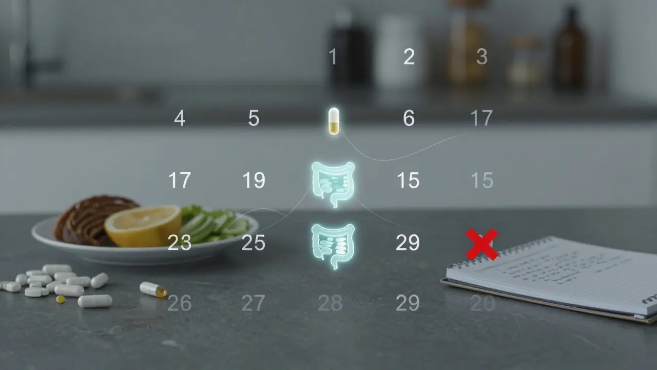 Kalendář s denním užíváním probiotik a značkou přerušení na den 29.