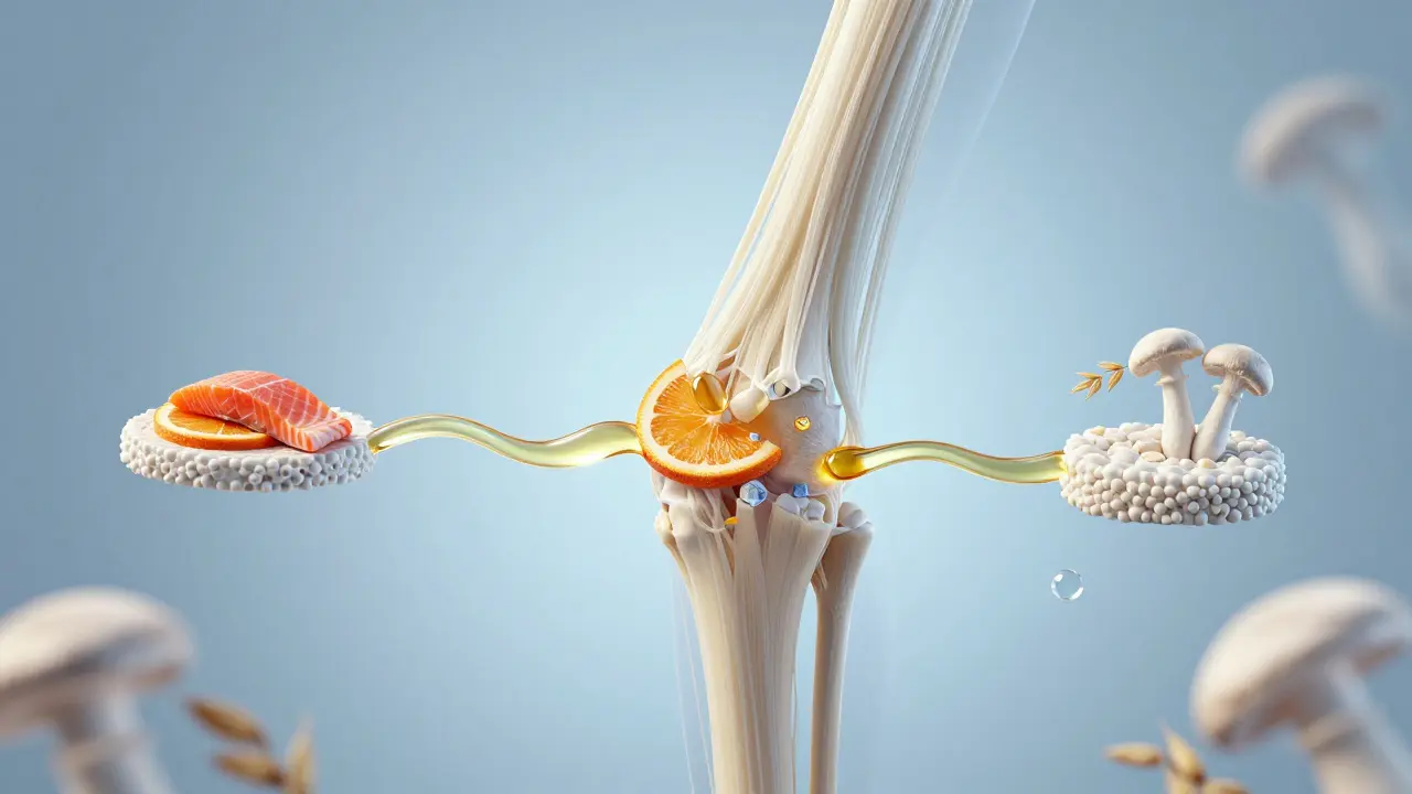 Kloub složený z potravin: kolagen, vitamín C, houby a oves – symbol regenerace.