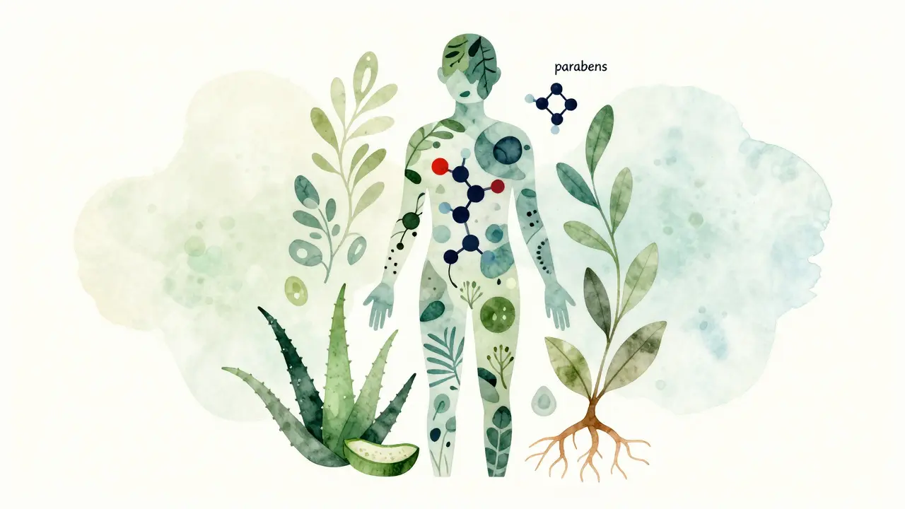 Kontur lidského těla vyplněná chemickými molekulami s přírodními alternativami.