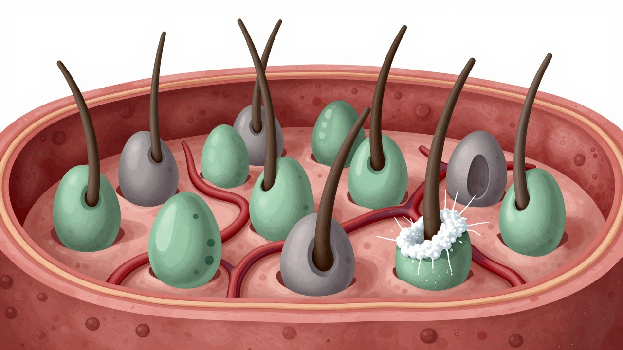 Křížový řez kůže hlavy s aktivními vlasovými kořínky a krevními cévami.