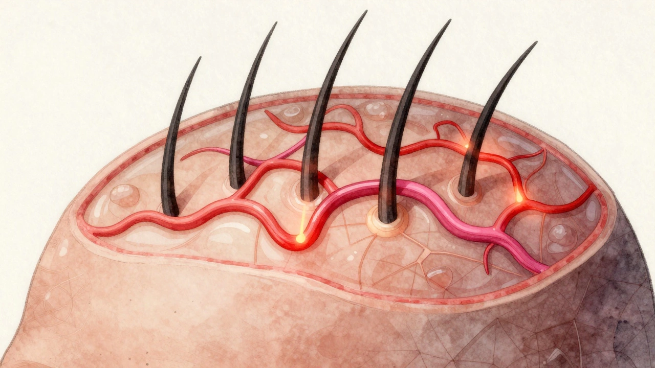 Křížový řez kůže hlavy s aktivovanými krevními cévami a vlasovými folikuly.
