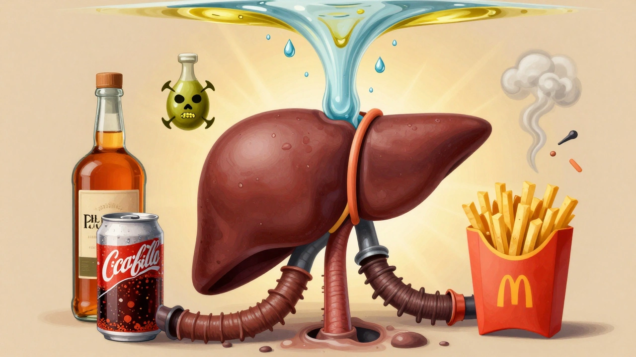 Lidské játro obklopené toxickými symboly, zatímco čistá voda a olivový olej proudí k němu.