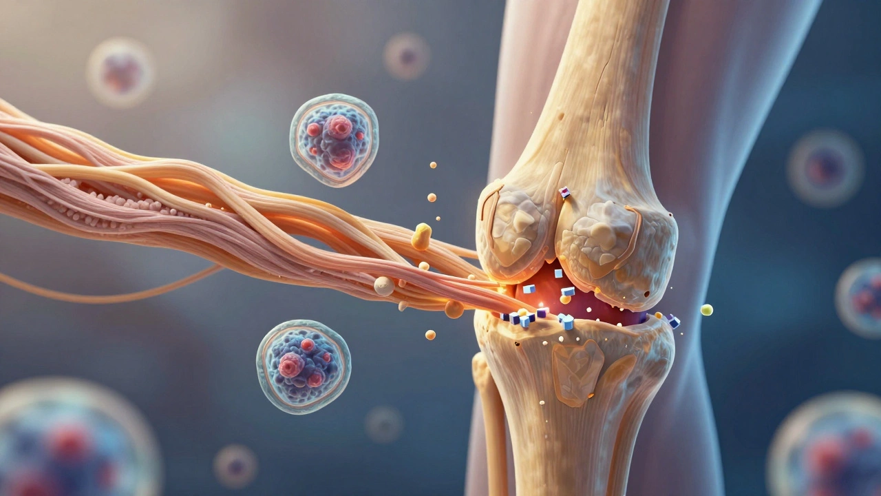 Mikroskopický pohled na kloub: kolagen UC-II uklidňuje imunitní buňky, zatímco peptidy opravují chrupavku.