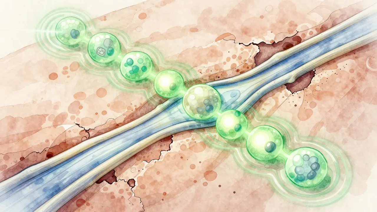 Mikroskopický pohled na peptidy kolagenu typu II, které stimulují obnovu kloubní chrupavky.