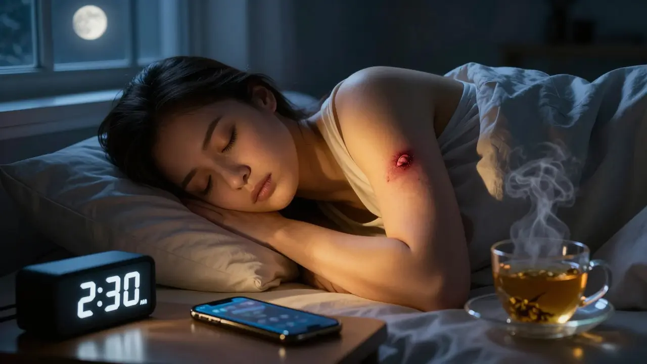 Osoba spí v noci, záře zahojování kůže je vidět na kůži, pokoj je klidný a temný.