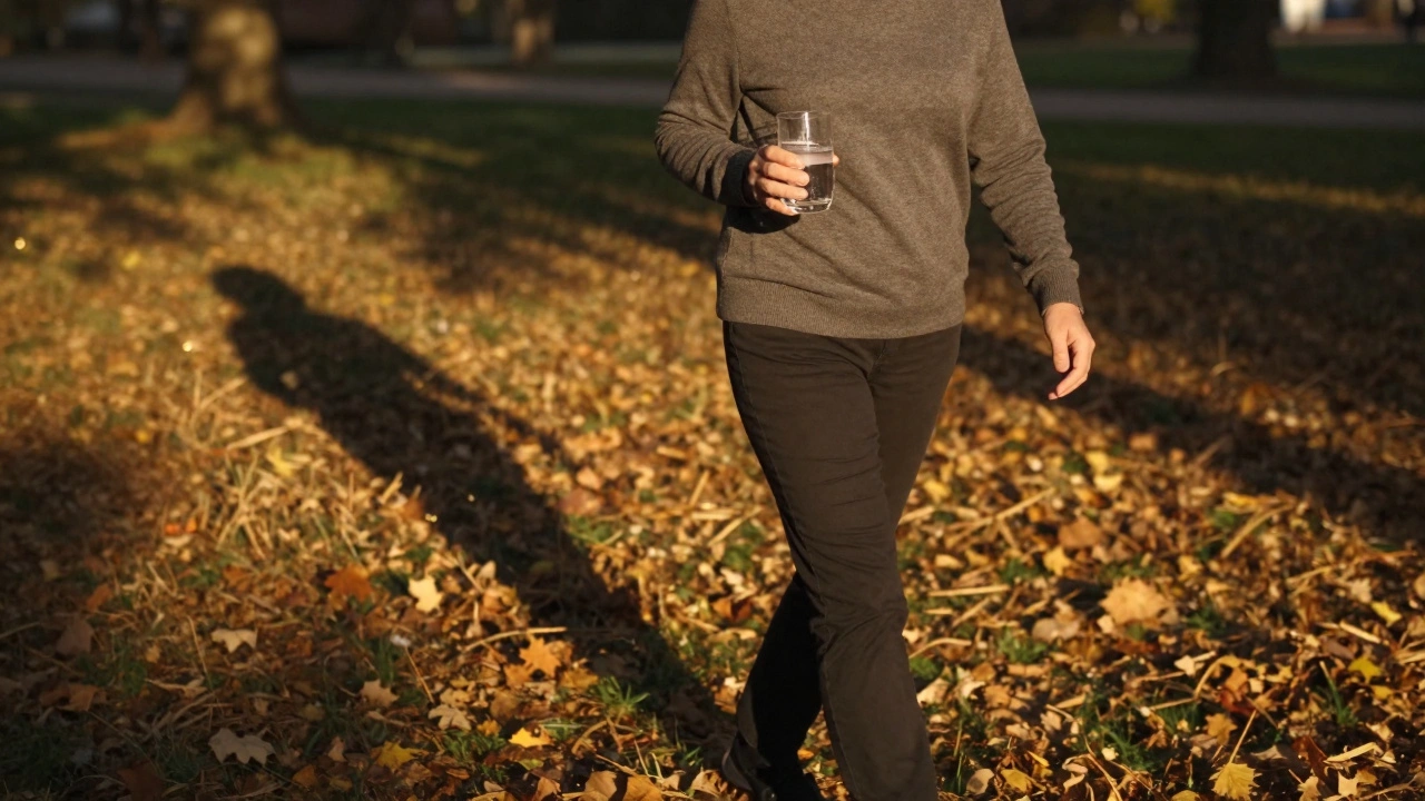 Osoba v 40. letech kráčí v záři ranního slunce, drží sklenici s kolagenem, jeho stín vytváří silnou strukturu kloubu.