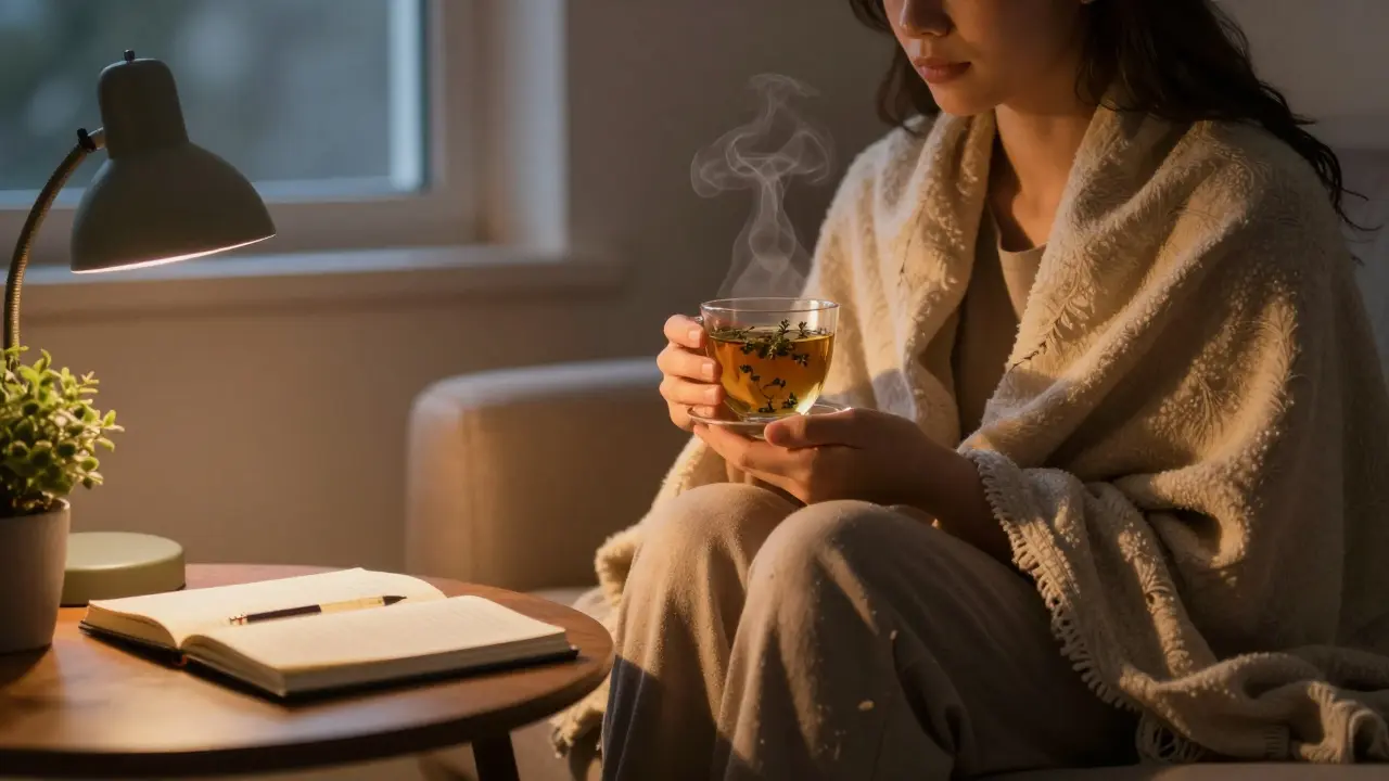 Osoba v teplé dekě pije bylinný čaj večer, klidně dýchá v tichém prostředí.