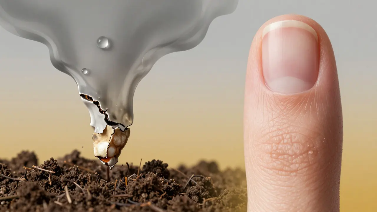 Porovnání zdravého a poškozeného nehtového lůžka s symbolickými prvky.