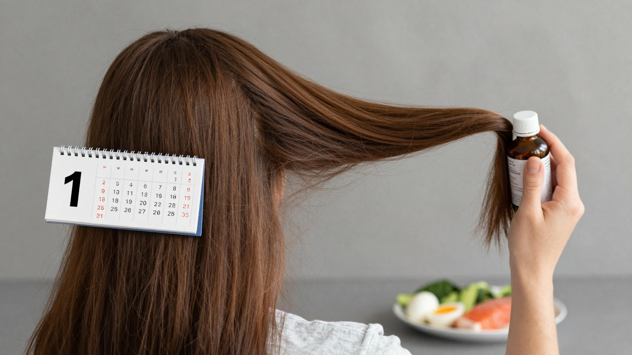 Postupné zhuštění vlasů během šesti měsíců s potravinami a lékem na pozadí.