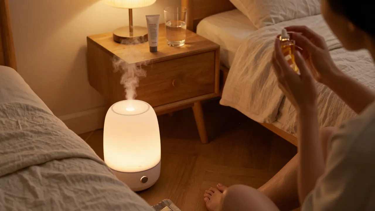 Použití oleje na vlhkou pokožku s vlhčičem vzduchu v pozadí, klidná noční scéna