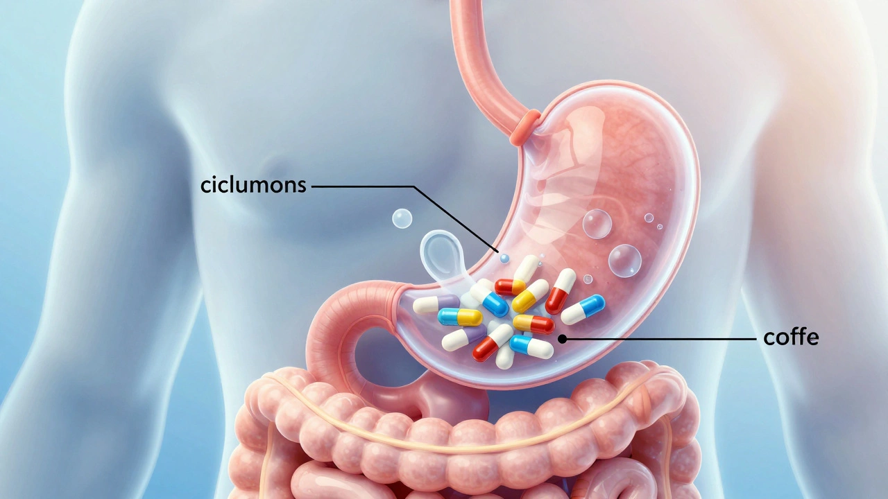 Průhledný průběh antibiotik v těle, blokovaný vápníkem a polyfenoly, voda proudí volně.