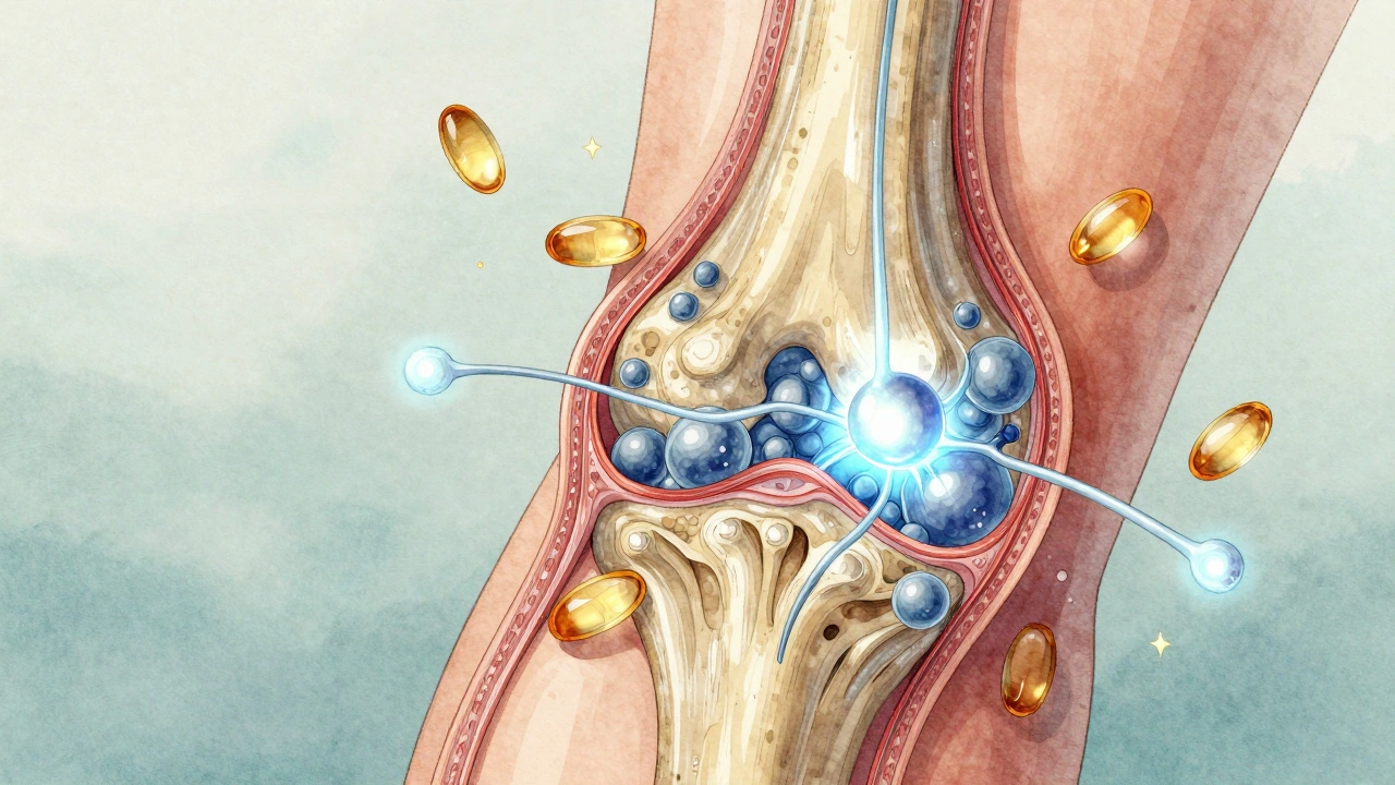 Průřez kloubu s regenerující chrupavkou a molekulami rybího kolagenu.