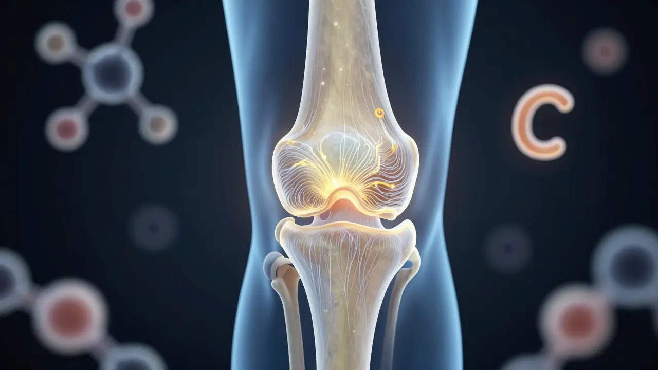 Průřez kloubu s viditelnými kolagenovými vlákny typu 2 a molekulami vitaminu C.