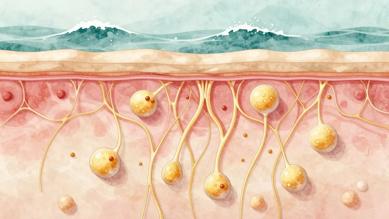 Průřez kůže ukazující obnovu kolagenových vláken malými mořskými peptidy a aktivními fibroblasty, s oceánským motivem na pozadí.