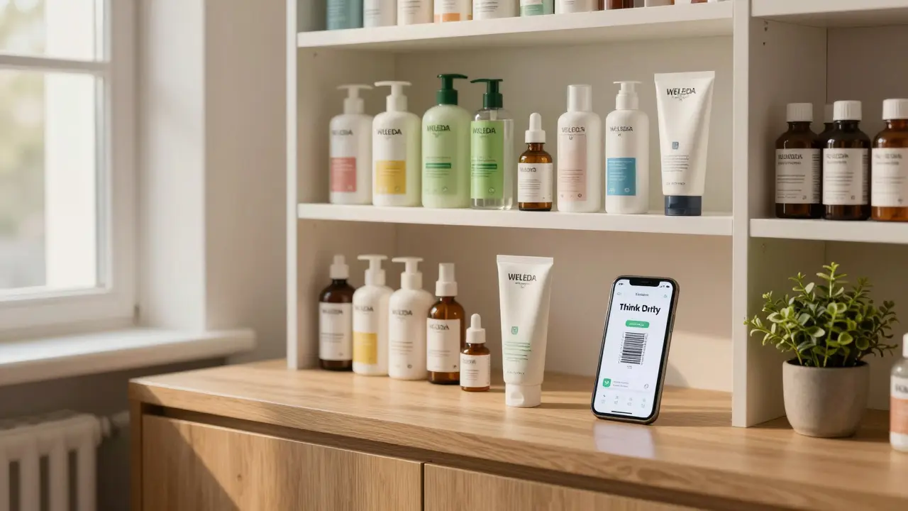 Regál s tělovými krémy bez parabenu a chytrým telefonem skenujícím složení.