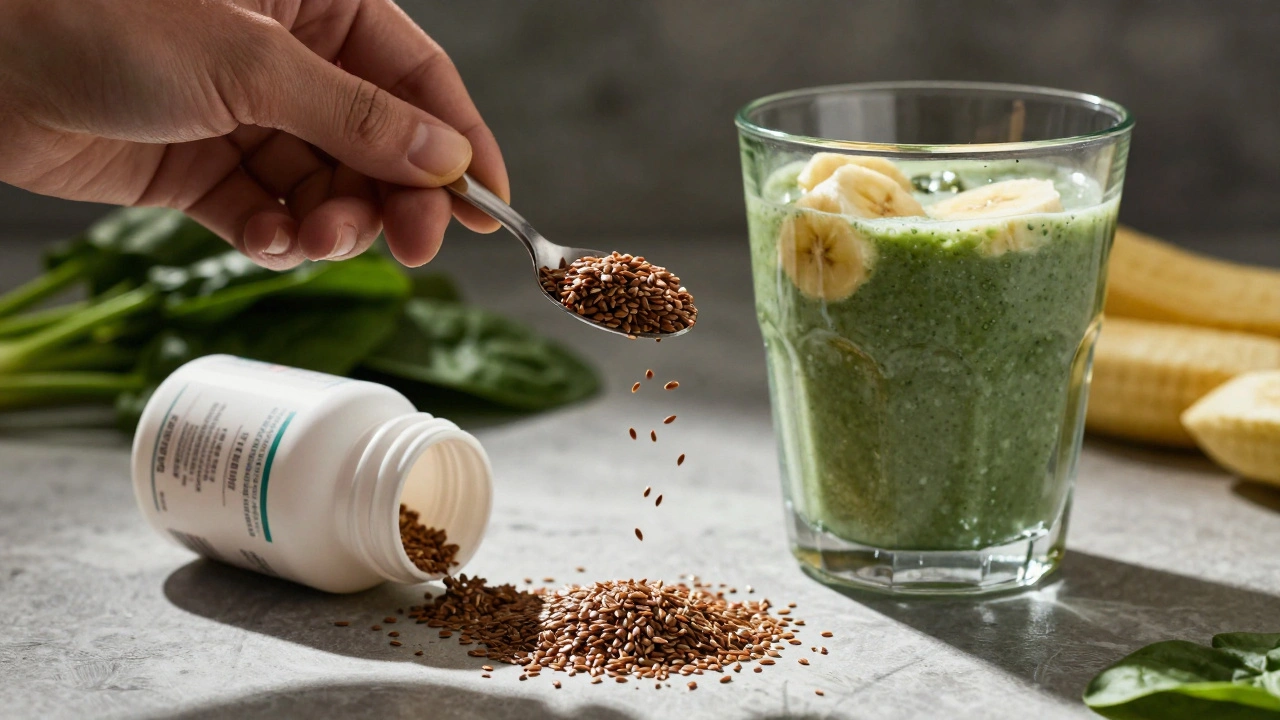 Ruka přidává lněná semínka do smoothie, vedle ní odložený multivitamín.