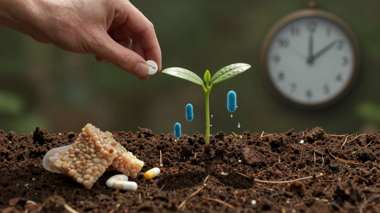 Semínko rostoucí ve střevním prostředí, živě napájené probiotiky a prebiotickými vlákninami, s časovou osou růstu.