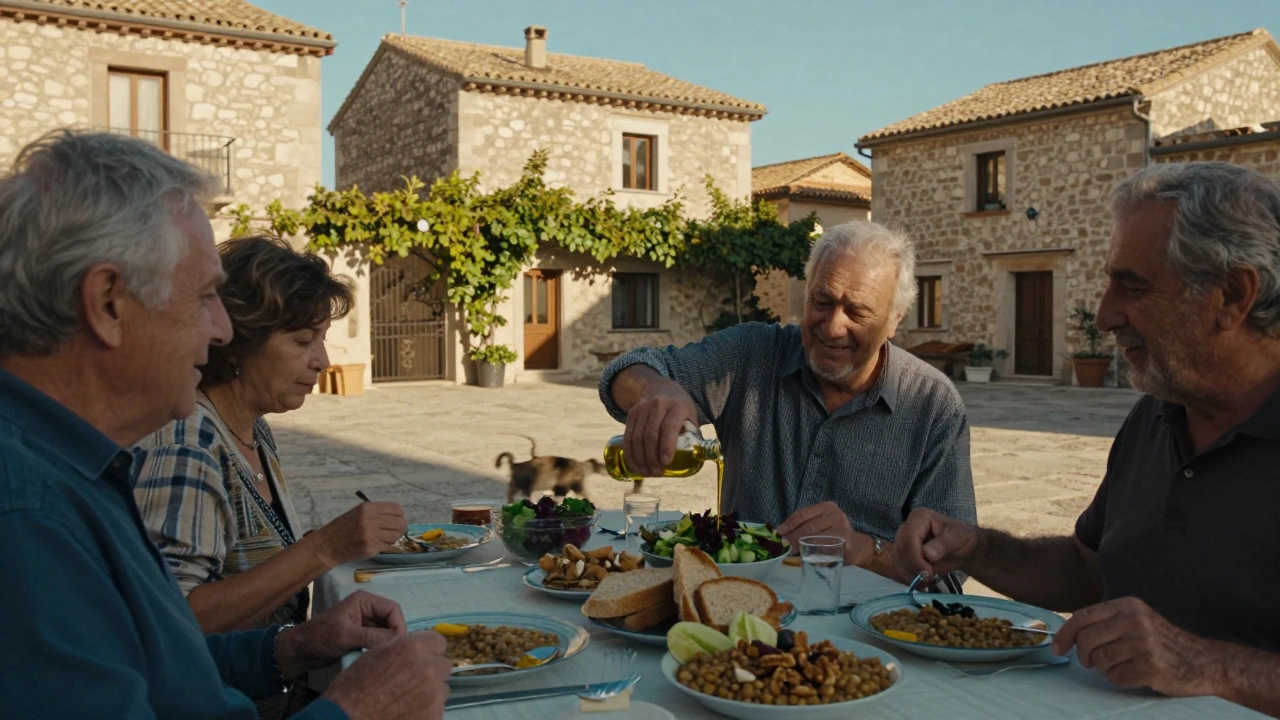 Skupina starších lidí společně jí v občinském náměstí s nádobami s čočkou a zeleninou.