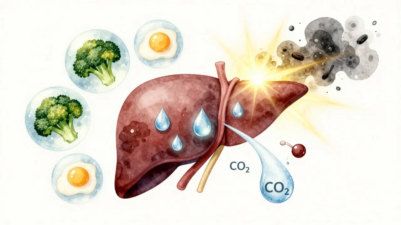 Symbolická ilustrace jater s vodou, brokolice a vejci, které pomáhají neutralizovat toxiny.