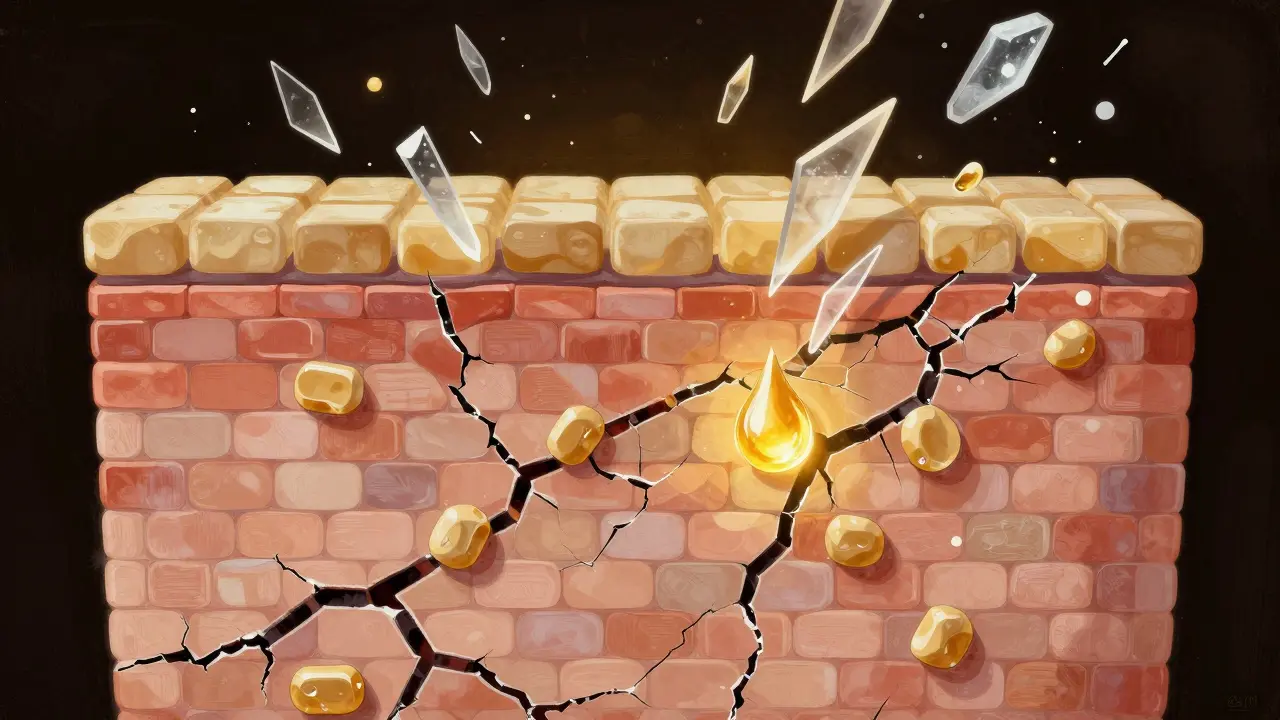 Symbolický obraz poškozené bariéry kůže s ceramidy a glycerinem, které ji obnovují