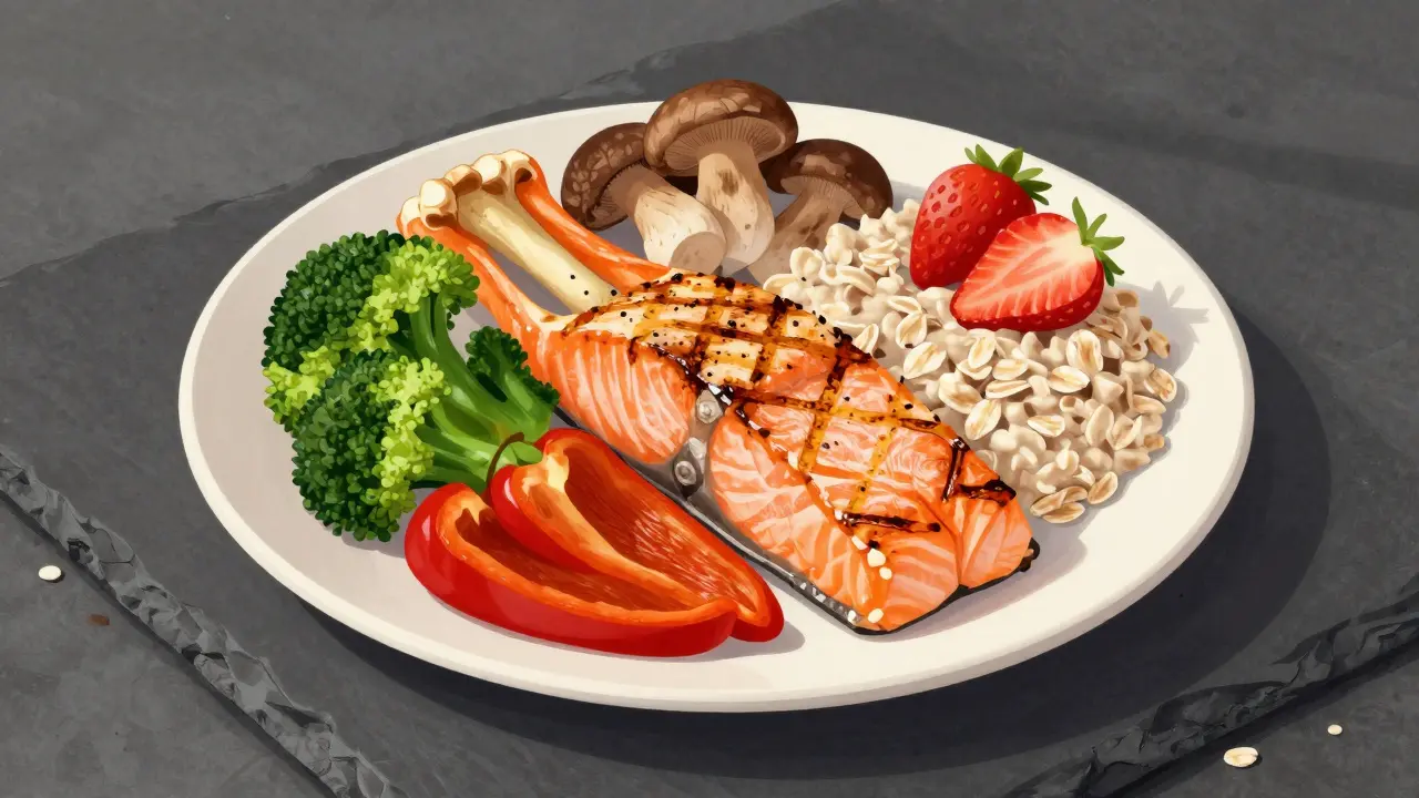 Talíř s lososem, paprikou, houbami a ovesnou kaší – výživná strava pro klouby.
