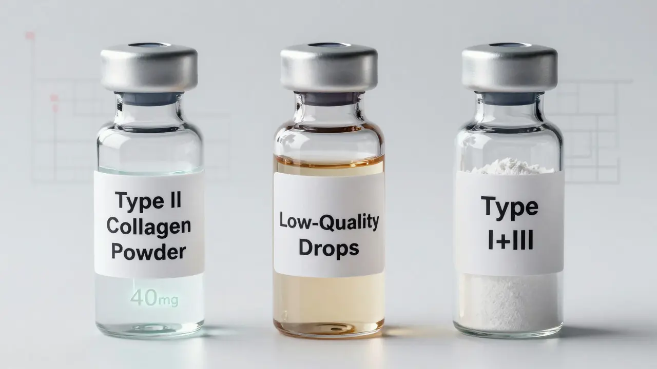 Tři skleněné lahve s různými formami kolagenu, naznačující rozdíly v kvalitě a účinnosti.