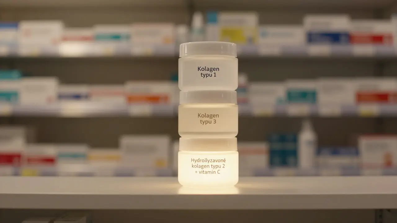 Tři skleněné nádoby s kolagenem, z nichž jedna je plná a září, symbolizující správný výběr.