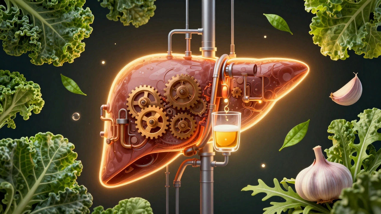 Umělecké znázornění jater jako továrny, která zpracovává alkohol podporované zeleninou a česnekem.